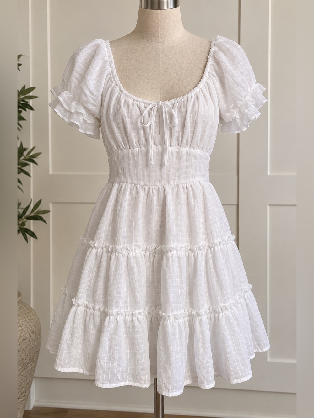 Inspire White Tiered Puff-Sleeve Mini Dress